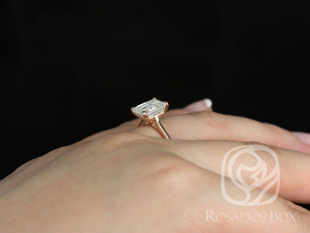 Rosados Box Skinny Norma 9x7mm 14kt Rose Gold Emerald Moissanite Tulip Cathedral Solitaire Engagement Ring