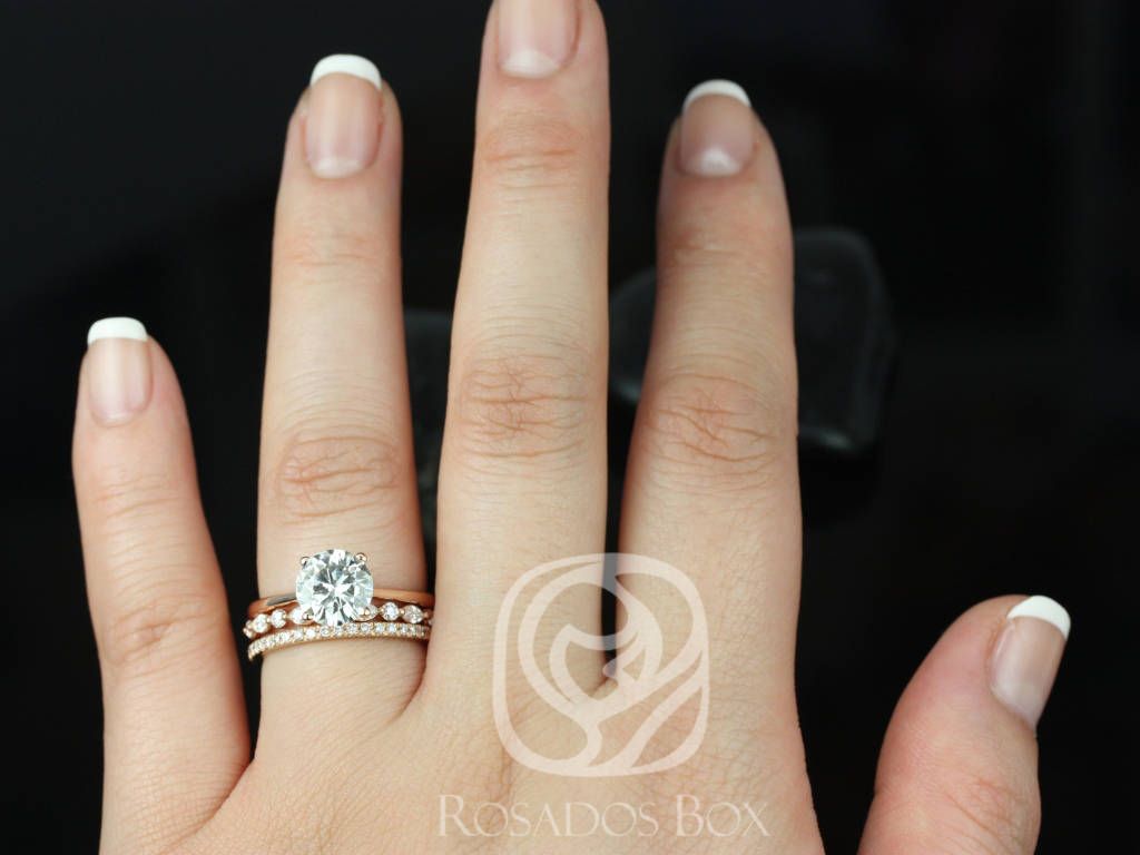 Rosados Box Skinny Flora 8mm, Cher, & Tabitha 14kt Rose Gold Round Moissanite and Diamond Tulip Cathedral Solitaire TRIO Wedding Set