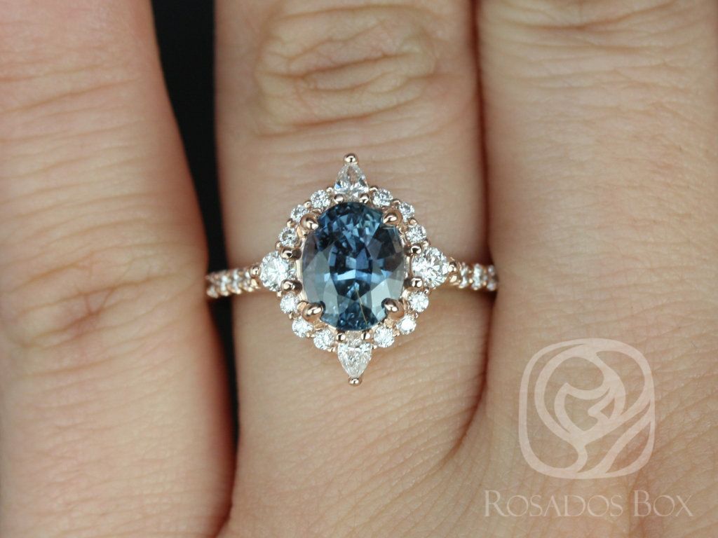 Rosados Box Ready to Ship Jadis 2.15cts 14kt Rose Gold Oval Denim Blue Sapphire and Diamonds Star Halo Engagement Ring
