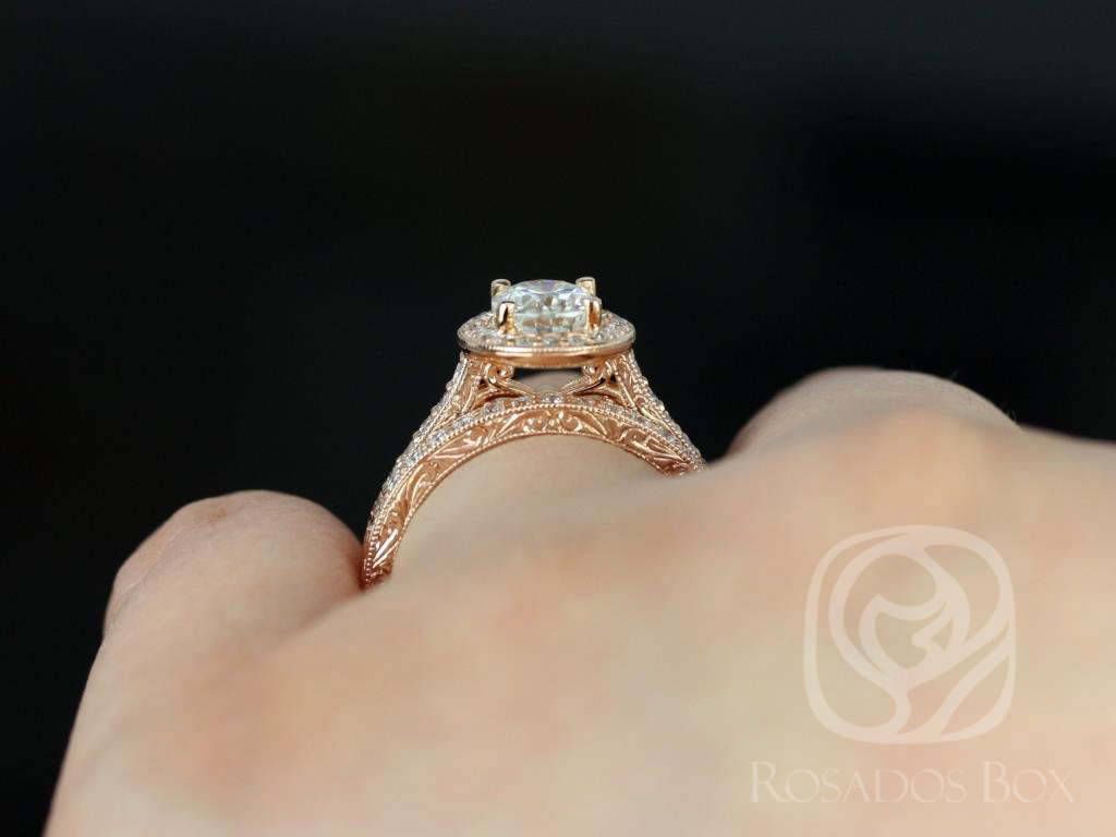 SALE Rosados Box Ready to Ship Aurora 8x6mm Limited Edition 14kt Rose Gold Oval FB Moissanite and Diamonds Hand Engraved Halo Wedding Set
