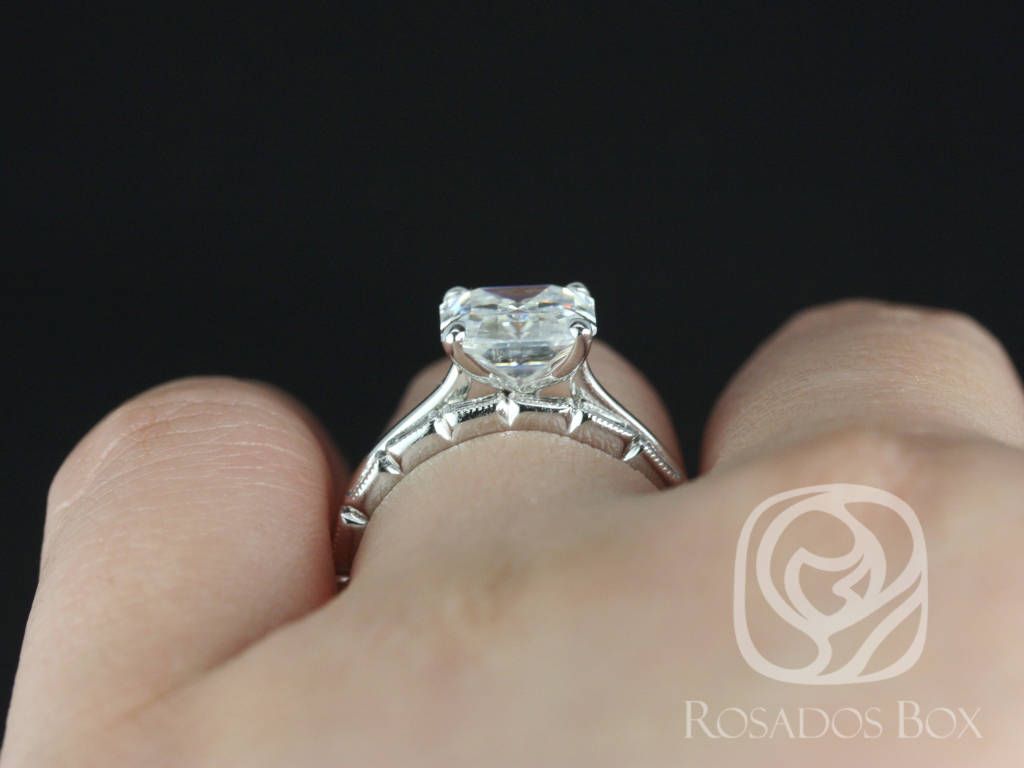 Rosados Box Skinny Denise 8mm & Rihani 14kt White Gold Asscher Moissanite and Diamonds Tulip Cathedral Solitaire Wedding Set