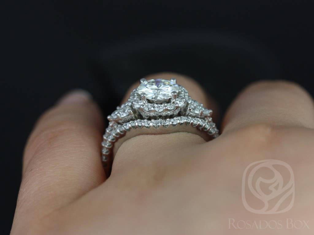 SALE Rosados Box Ready to Ship Amora 7mm 14kt White Gold Round FB Moissanite Diamonds Cluster Halo 3 Stone Wedding Set