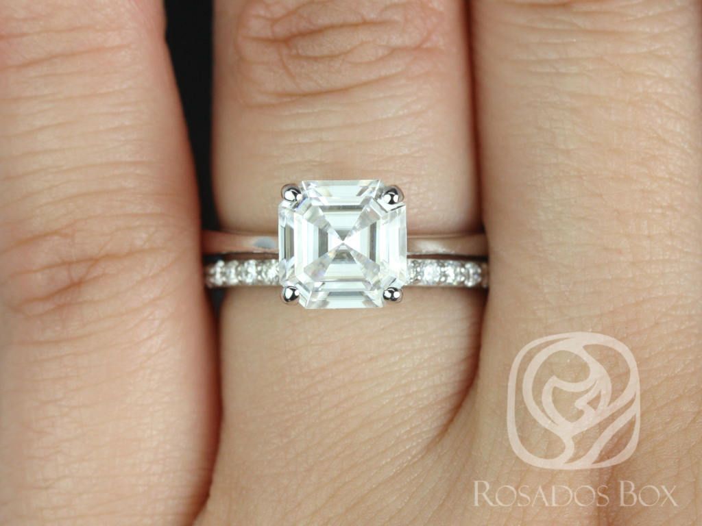 Rosados Box Skinny Denise 8mm & Tiffani 14kt White Gold Asscher Moissanite and Diamonds Tulip Cathedral Solitaire Wedding Set