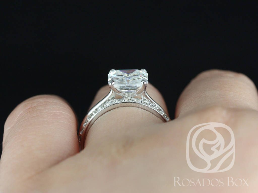 Rosados Box Skinny Denise 8mm & Tiffani 14kt White Gold Asscher Moissanite and Diamonds Tulip Cathedral Solitaire Wedding Set