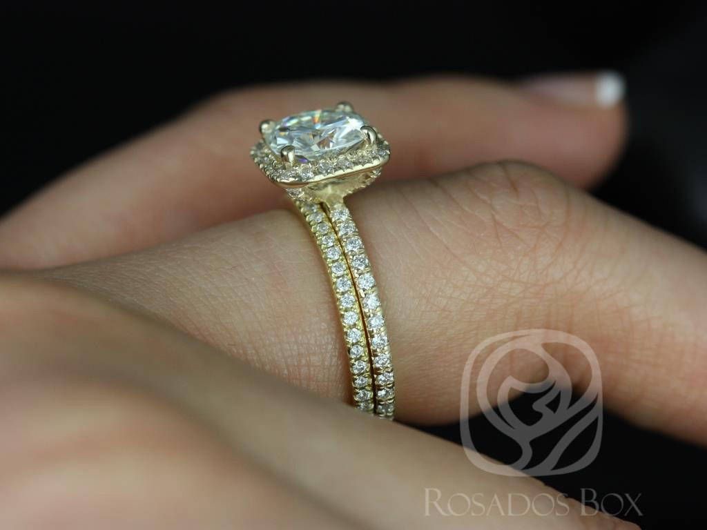 Rosados Box Ready to Ship Pernella 7mm 14kt Yellow Gold Cushion Moissanite and Diamonds Halo Classic Wedding Set