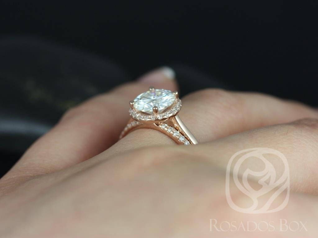 SALE Rosados Box Ready to Ship Shannon 8.50mm 14kt Rose Gold Round FB Moissanite and Diamonds Extra Low Halo Wedding Set