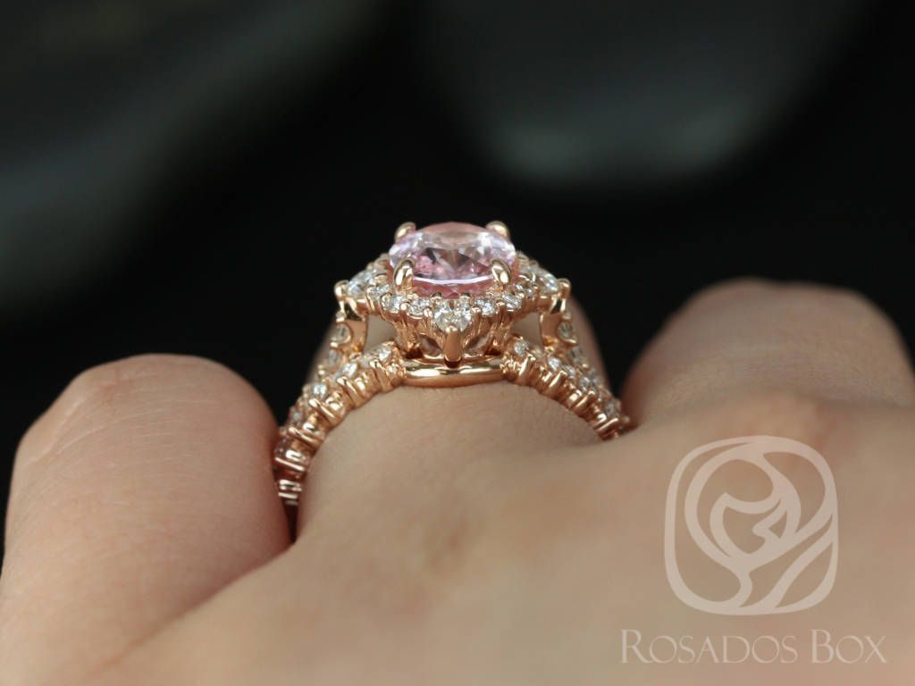 Rosados Box Ready to Ship Jadis 1.86cts 14kt Rose Gold Oval Blush Champagne Spinel and Diamonds Star Halo Wedding Set