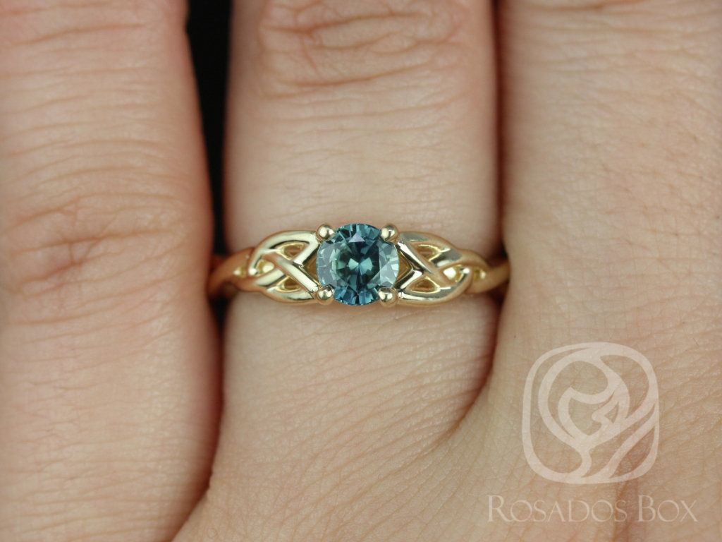 Rosados Box Ready to Ship Cassidy 0.69cts 14kt Yellow Gold Round Green Tea & Teal Sapphire Celtic Engagement Ring