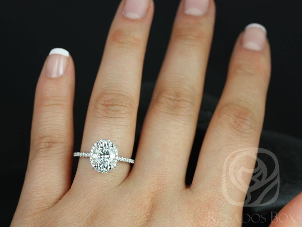 Rosados Box Ready to Ship Federella 9x7mm Platinum Oval Forever One Moissanite Diamond Halo Engagement Ring