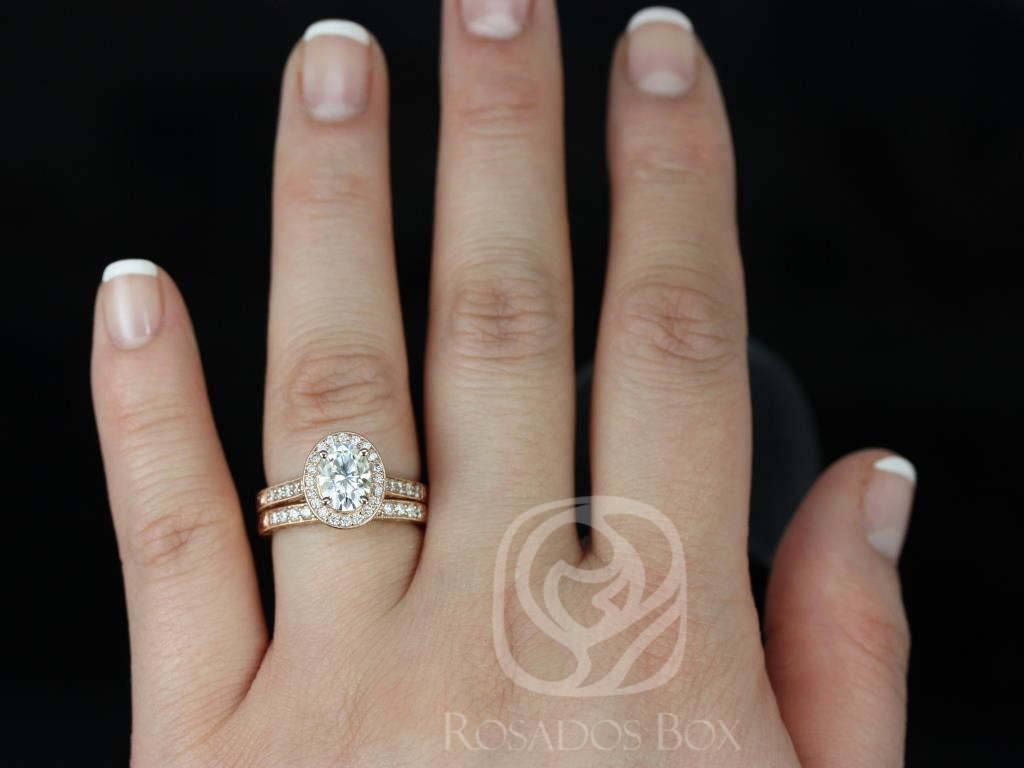 SALE Rosados Box Ready to Ship Aurora 8x6mm Limited Edition 14kt Rose Gold Oval FB Moissanite and Diamonds Hand Engraved Halo Wedding Set
