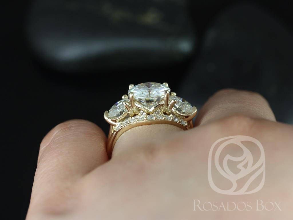 SALE Rosados Box Ready to Ship Carla 9&6mm 14kt Yellow Gold Round FB Moissanite and Diamond 3 Stone Wedding Set