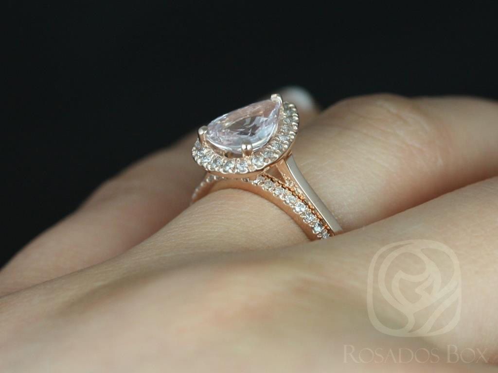 Rosados Box Ready to Ship Julie 1.78cts & Swt Heart Kubian 14kt Rose Gold Pear Icy Blush Sapphire and Diamonds Halo Wedding Set