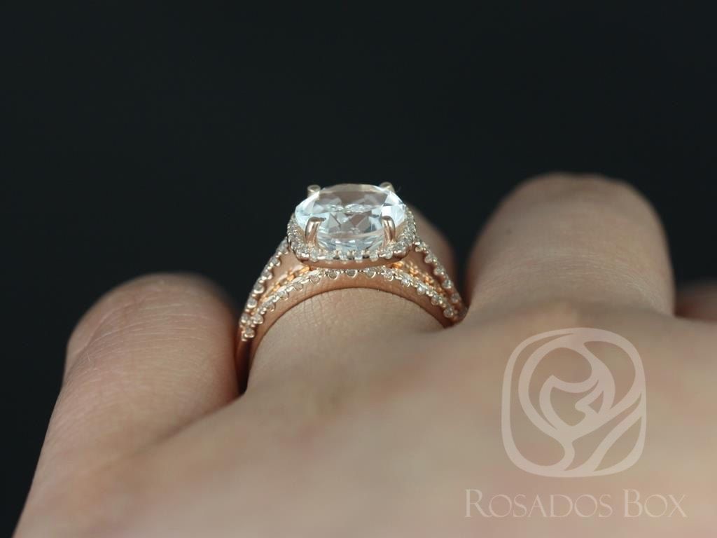 Rosados Box Barra 9mm 14kt YELLOW Gold Round White Topaz Engagement Ring & TRIO Wedding Set Halo Cushion w/ Diamonds - Ready to Ship 