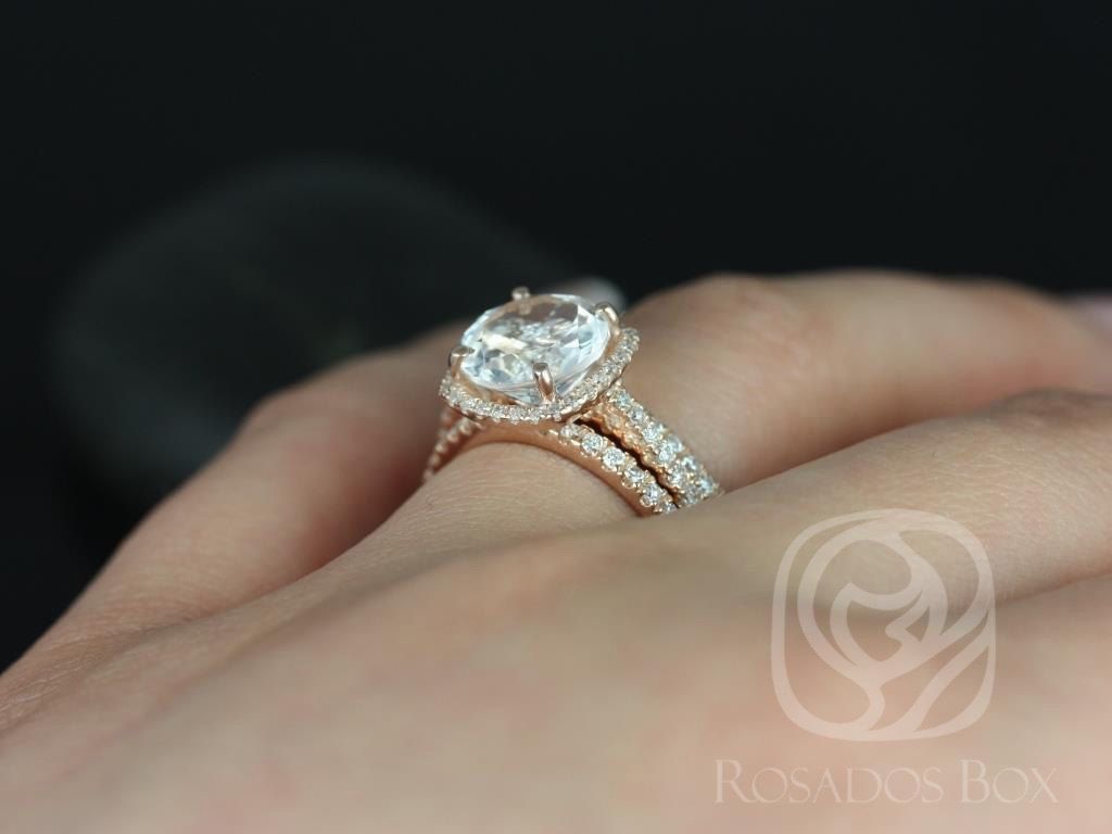 Rosados Box Barra 9mm 14kt YELLOW Gold Round White Topaz Engagement Ring & TRIO Wedding Set Halo Cushion w/ Diamonds - Ready to Ship 