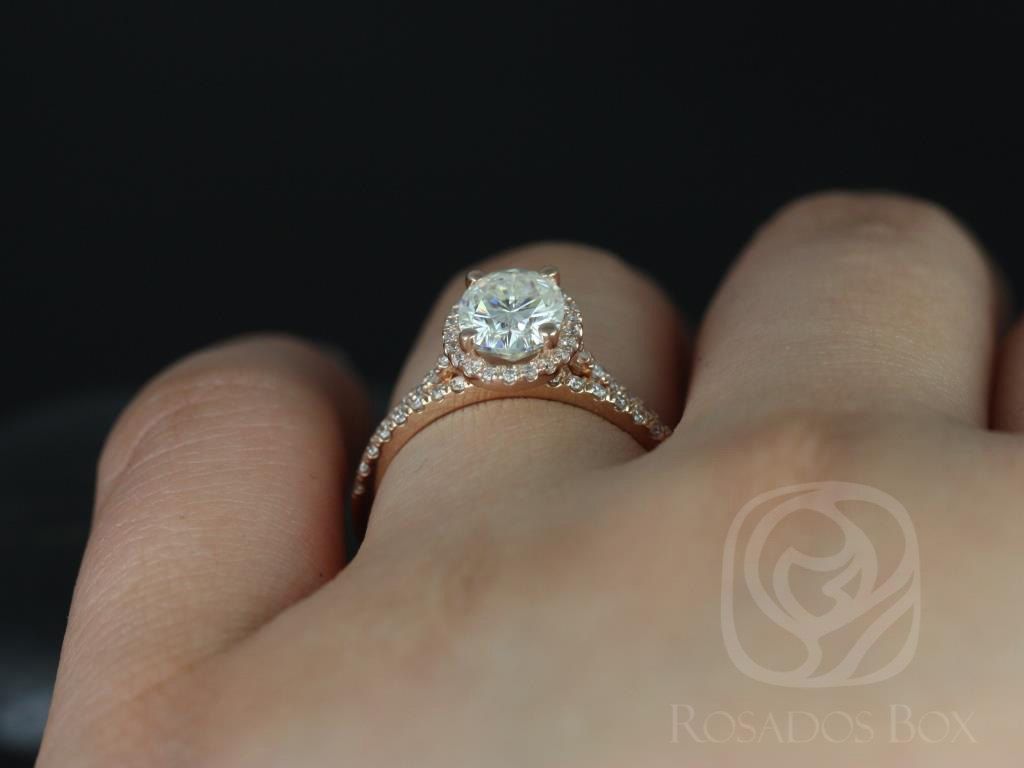 Rosados Box Ready to Ship Rebecca 8x6mm 14kt Rose Gold Oval Moissanite and Diamond Halo Classic Wedding Set