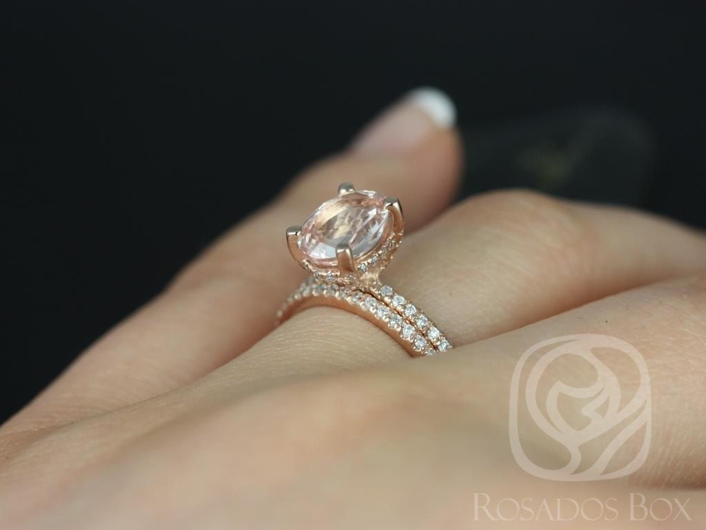 2.28ct Ready to Ship Hillary 2.28cts 14kt Rose Gold Peach Sapphire and Diamond Basket Oval Bridal Set