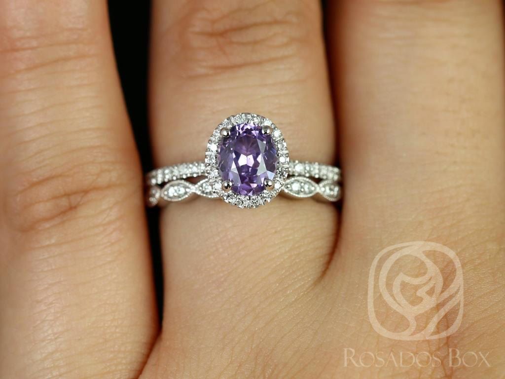Rosados Box Ready to Ship Federella & Christie 1.17cts 14kt White Gold Oval Lilac Purple Sapphire Diamond Halo Wedding Set