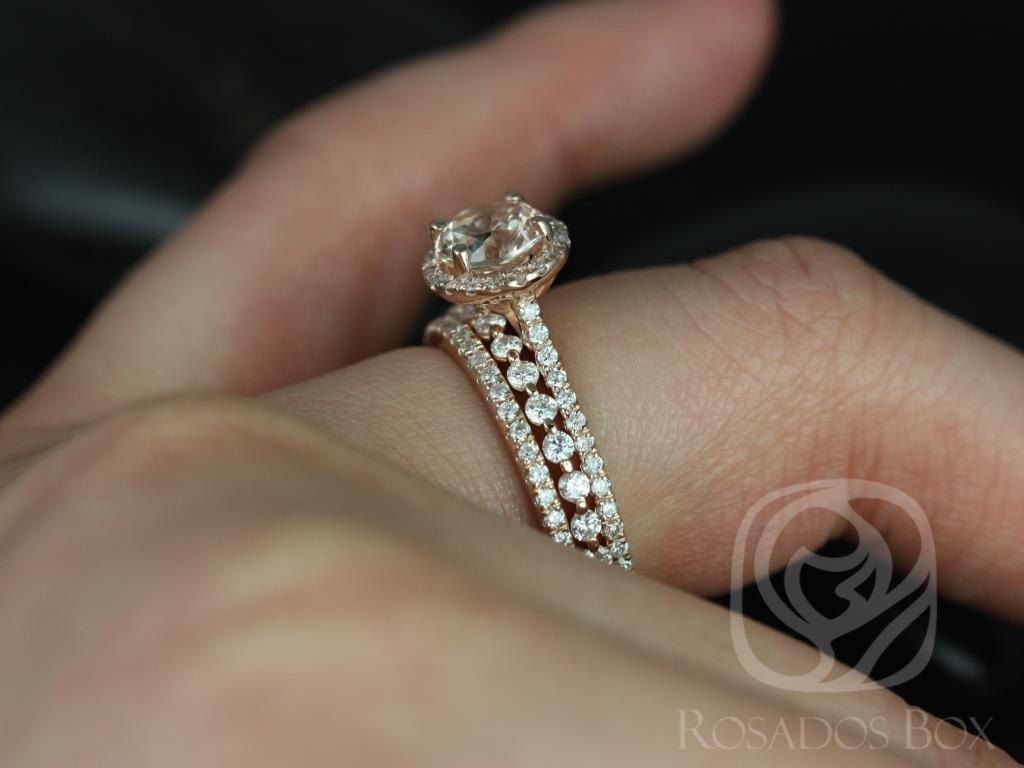Rosados Box Ready to Ship Kubian 1.33cts 14kt Rose Gold Peachy Buttery Sapphire and Diamonds Halo Classic Wedding Set