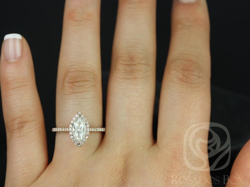 1ct Sasha 10x5mm 14kt  Moissanite  Diamond Marquise Halo Ring by Rosados Box