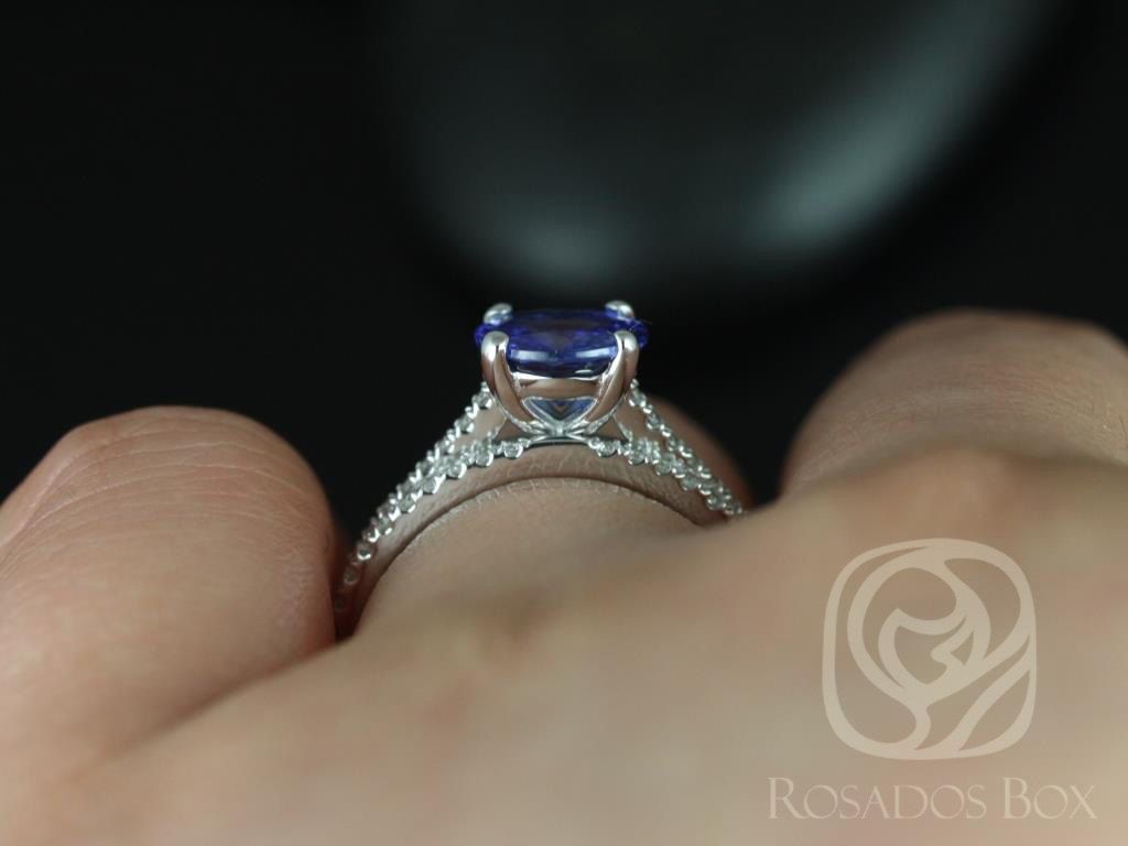Ready to Ship Eloise 1.64cts 14kt White Gold Round Cornflower Blue Sapphire and Diamonds Classic Wedding Set, Rosados Box 