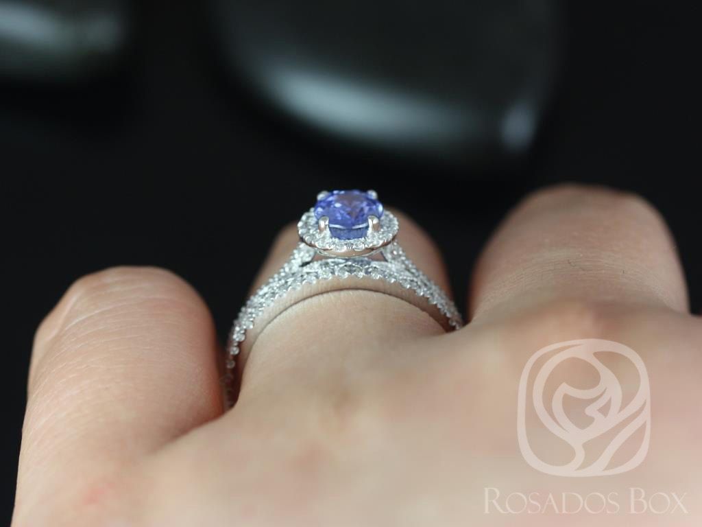 Rosados Box Ready to Ship Rebecca 1.35cts & Ult Pte Bd Eye 14kt White Gold Oval Icy Lilac Sapphire and Diamond Halo TRIO Wedding Set