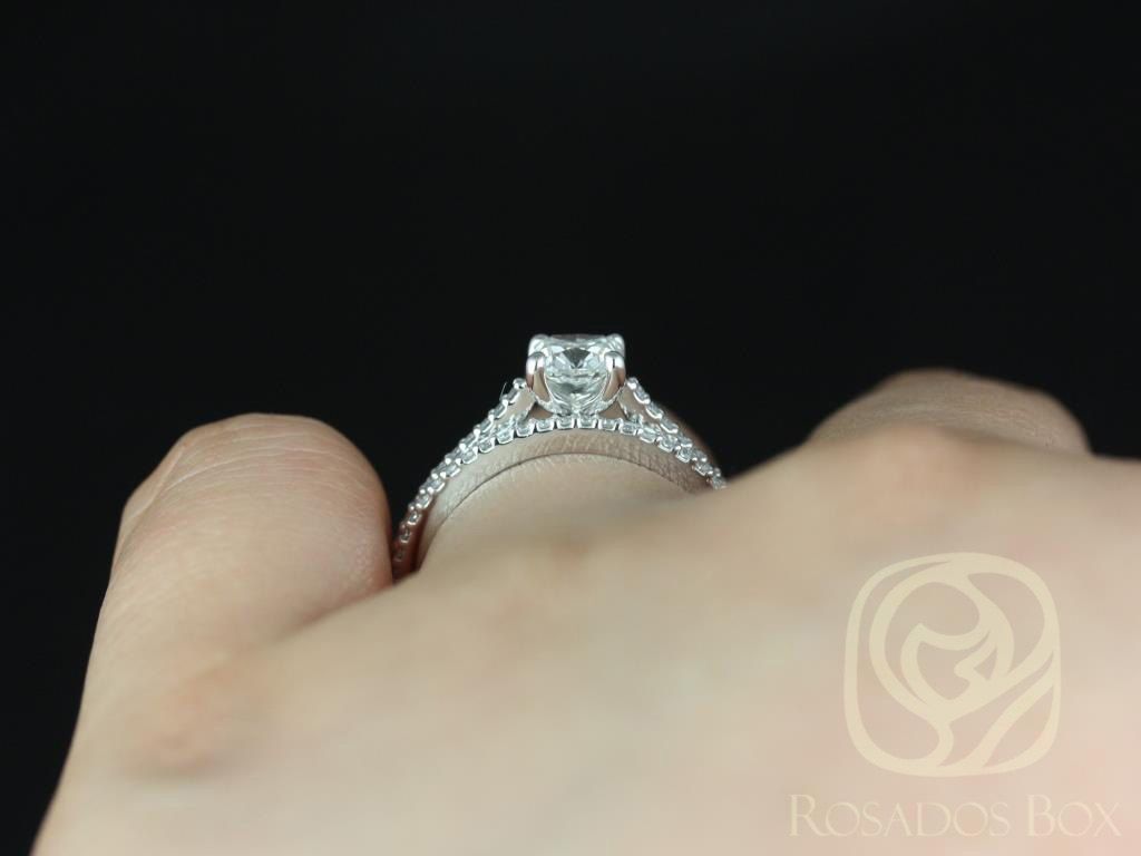 Rosados Box Ready to Ship Conflict Free Marcelle 0.73ct 14kt White Gold Cushion Diamond Cathedral Classic Wedding Set