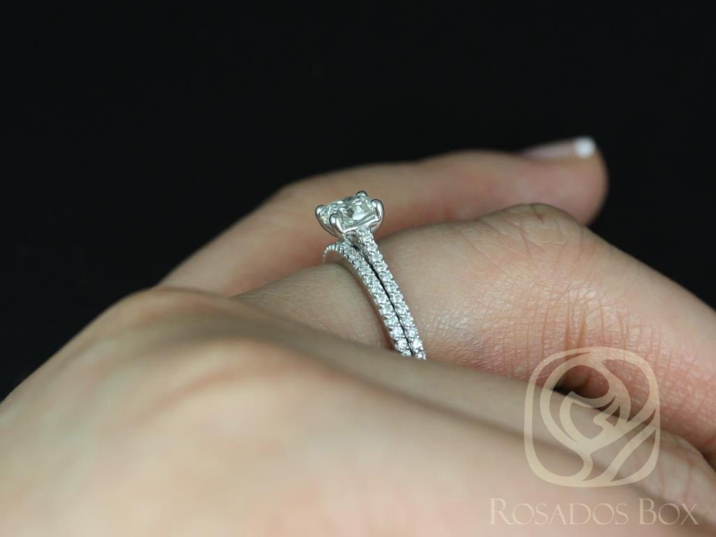 Rosados Box Ready to Ship Conflict Free Marcelle 0.73ct 14kt White Gold Cushion Diamond Cathedral Classic Wedding Set