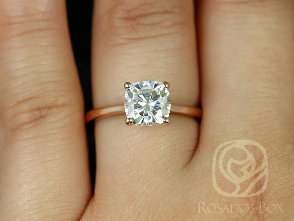 Rosados Box Skinny Florence 7.5mm 14kt Rose Gold Cushion F1- Moissanite Tulip Cathedral Solitaire Engagement Ring