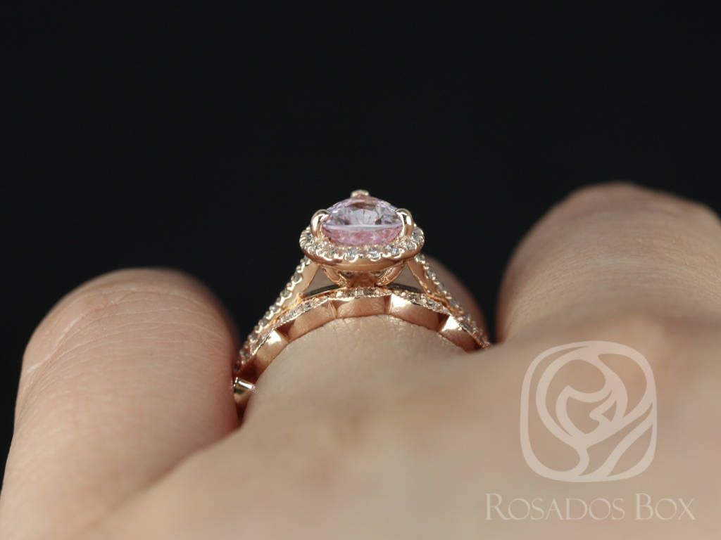 Rosados Box Ready to Ship Tabitha 1.40cts & Christie 14kt Rose Gold Pear Peach Raspberry Champagne Sapphire and Diamonds Halo Wedding Set