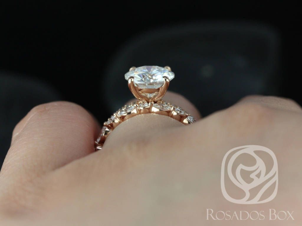 2ct Dakota 9x7mm & Cher 14kt Rose Gold Moissanite Diamond Oval Solitaire Bridal Set by Rosados Box