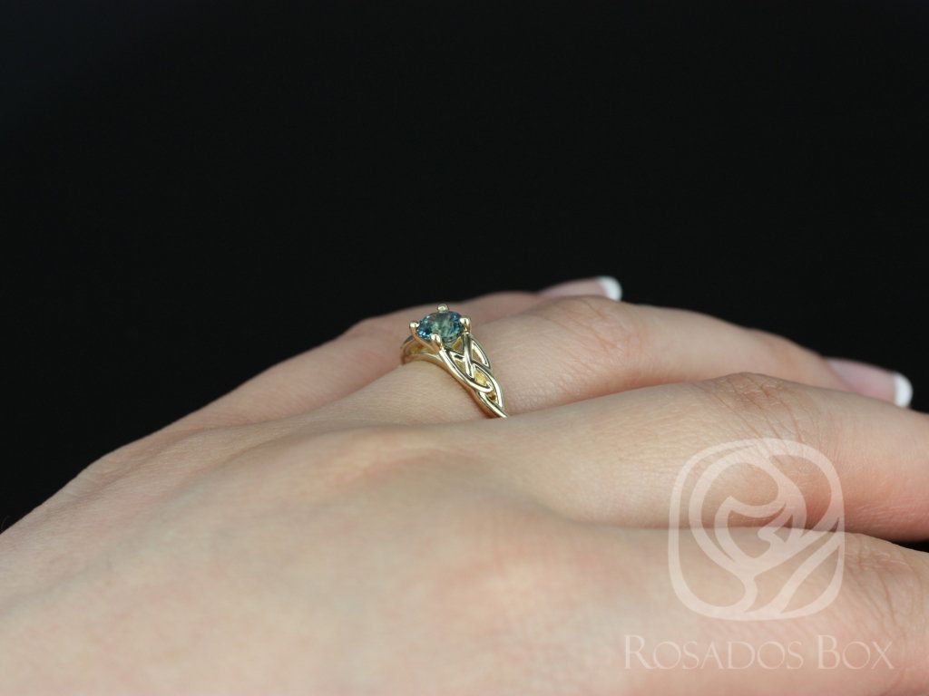 Rosados Box Ready to Ship Cassidy 0.69cts 14kt Yellow Gold Round Green Tea & Teal Sapphire Celtic Engagement Ring