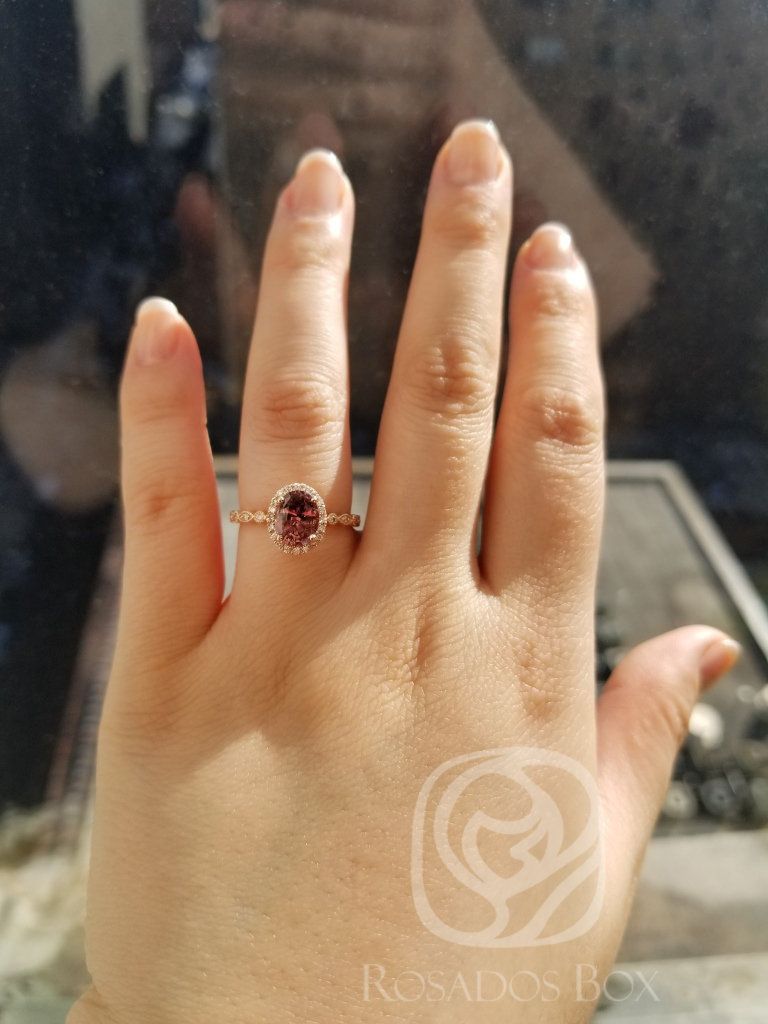 1.49ct Ready to Ship Gwen 14kt Rose Gold Oval Cinnamon Red Sapphire and Diamonds Vintage Halo WITH Milgrain Engagement Ring