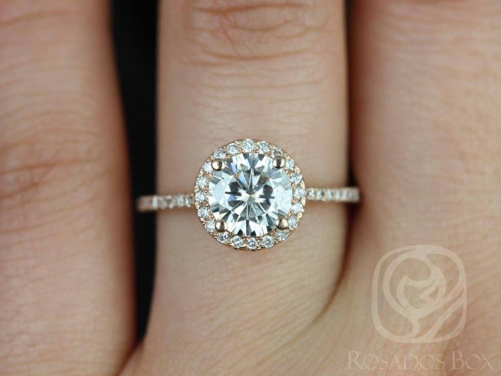SALE Rosados Box Ready to Ship Kubian 7mm 14kt Rose Gold Round FB Moissanite and Diamonds Halo Engagement Ring