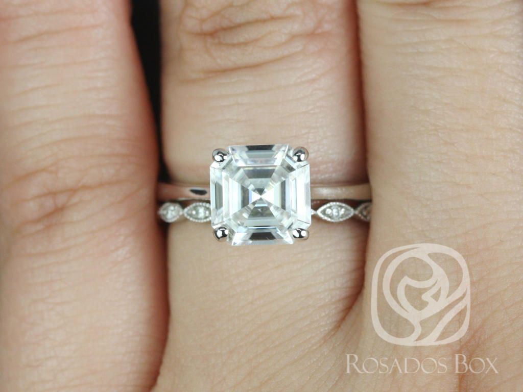 Rosados Box Skinny Denise 8mm & Ultra Petite Leah 14kt Gold Asscher Moissanite and Diamonds Tulip Cathedral Solitaire Wedding Set