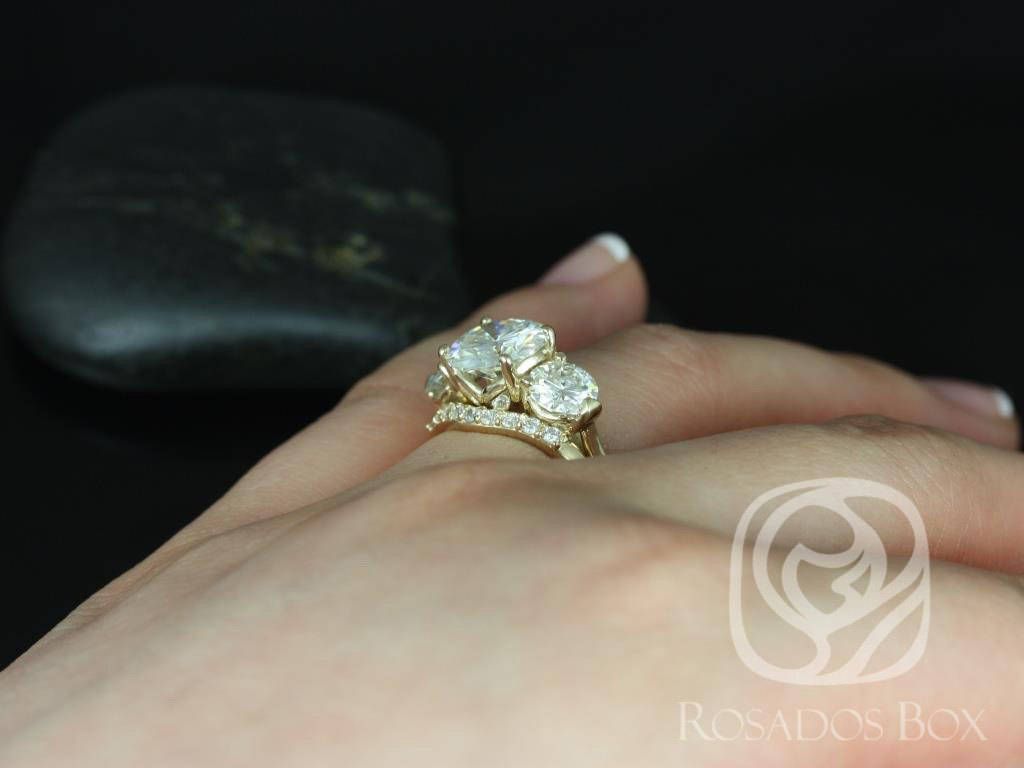 SALE Rosados Box Ready to Ship Carla 9&6mm 14kt Yellow Gold Round FB Moissanite and Diamond 3 Stone Wedding Set
