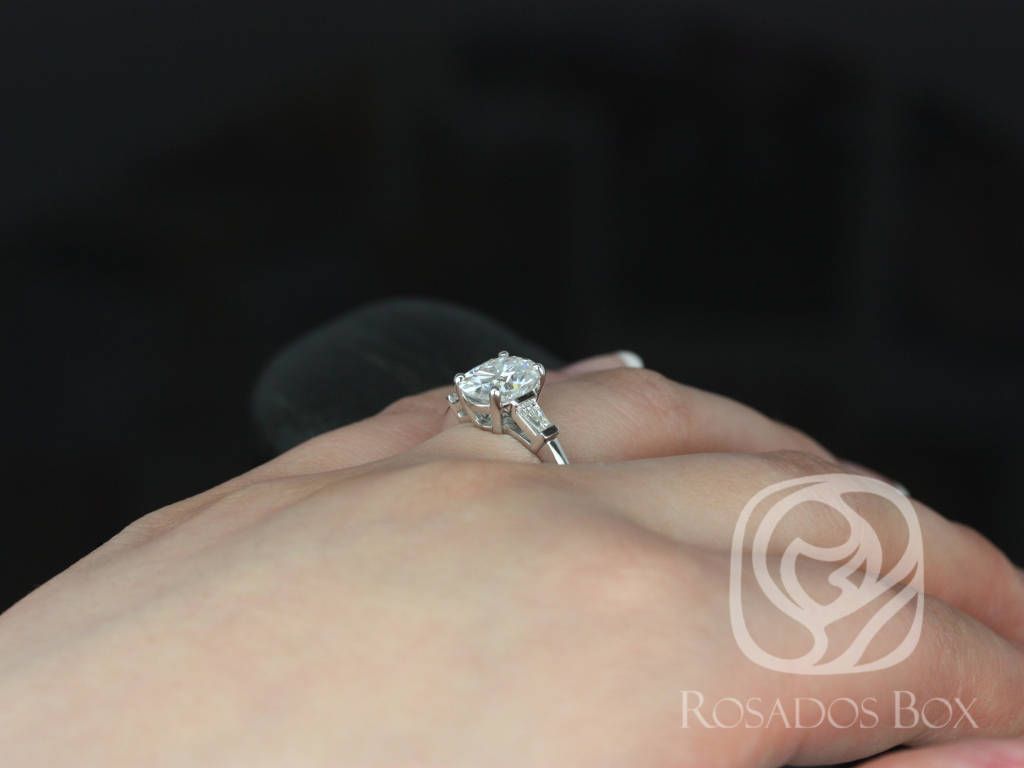 Rosados Box Fannie 9x7mm 14kt White Gold Oval Moissanite and Diamond Baguette Engagement Ring
