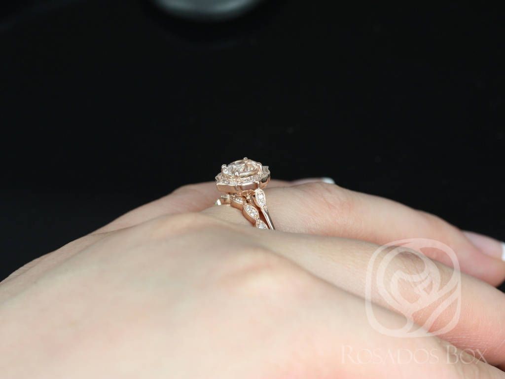 Rosados Box Ready to Ship Mae 1.53cts & Christie 14kt Rose Gold Peach Champagne Sapphire and Diamond Halo Wedding Set