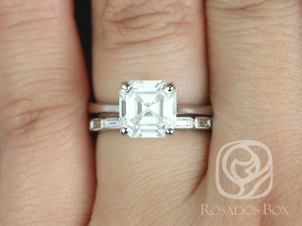 Rosados Box Skinny Denise 8mm & Rihani 14kt White Gold Asscher Moissanite and Diamonds Tulip Cathedral Solitaire Wedding Set