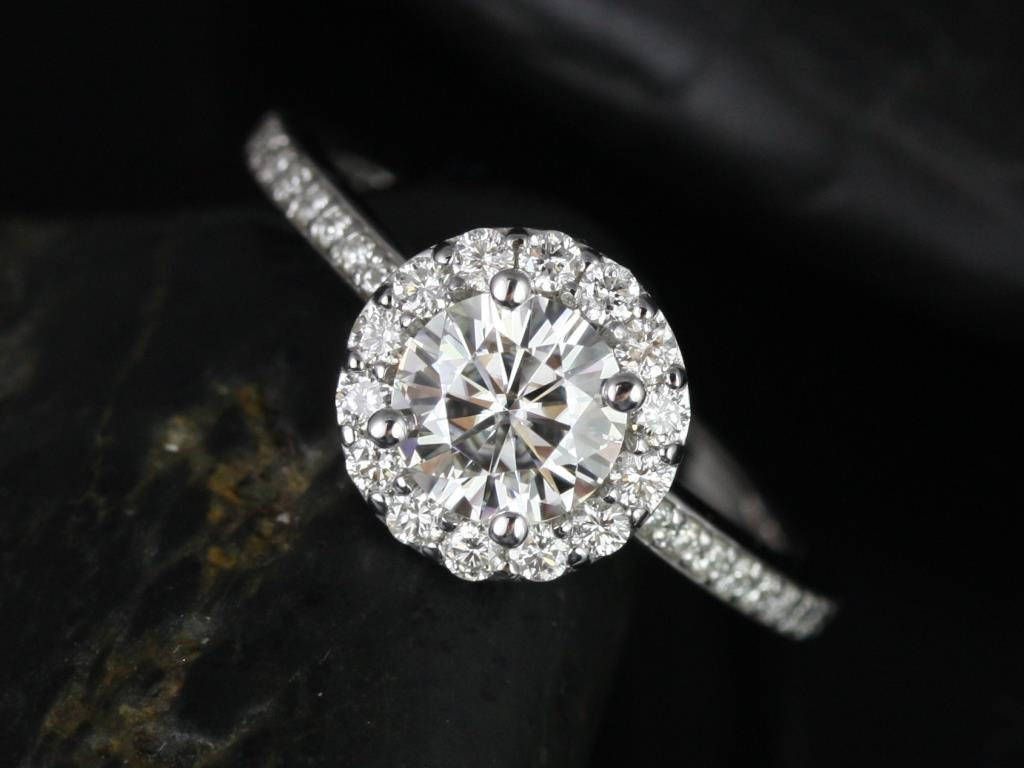SALE Rosados Box Ready to Ship Marisol 6mm 14kt White Gold Round Halo FB Moissanite and Diamonds Scooped Gallery Engagement Ring