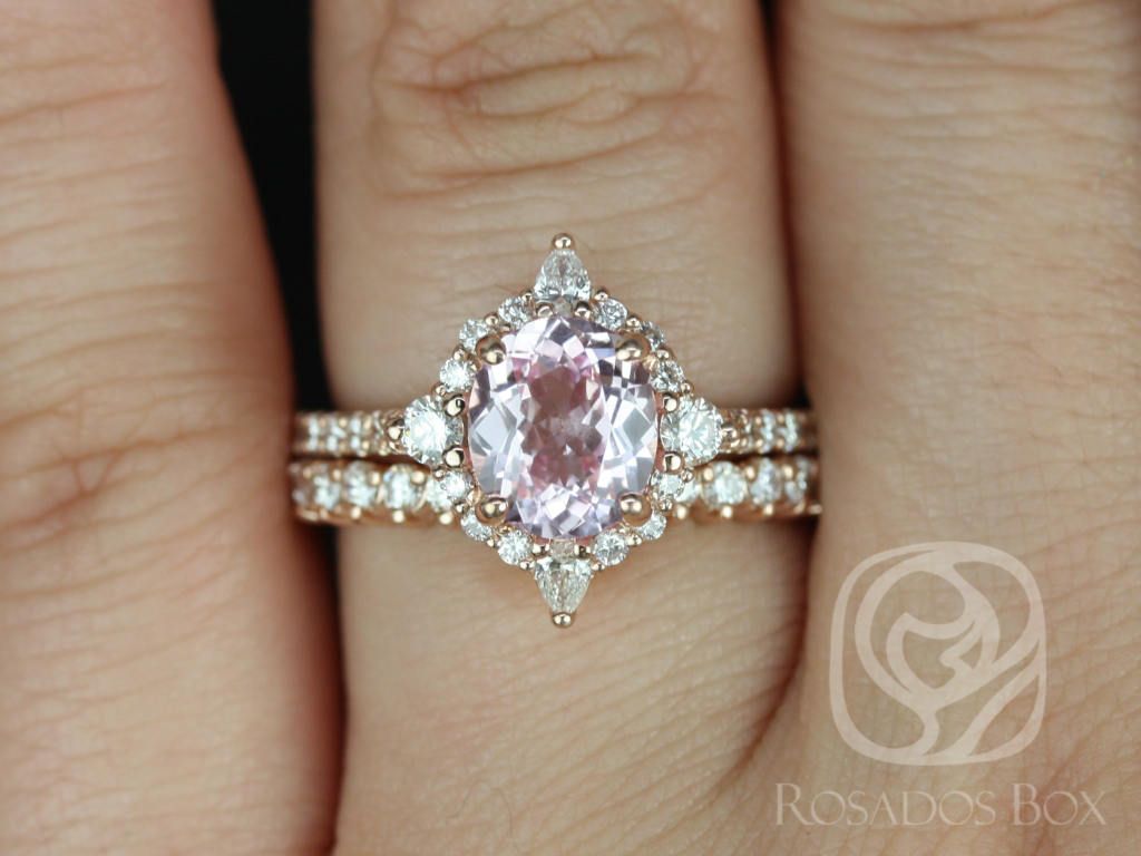 Rosados Box Ready to Ship Jadis 1.86cts 14kt Rose Gold Oval Blush Champagne Spinel and Diamonds Star Halo Wedding Set