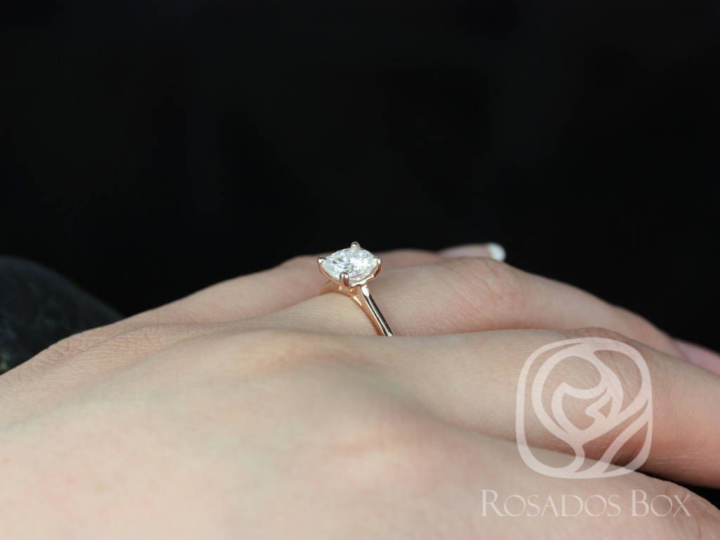 Rosados Box DIAMOND FREE Skinny Florence 6.5mm 14kt Rose Gold Cushion F1- Moissanite Tulip Cathedral Solitaire Engagement Ring