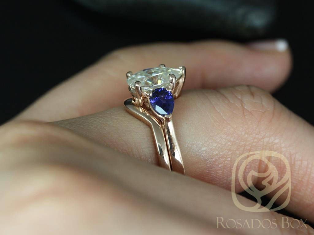 SALE Rosados Box Ready to Ship Kasey 10x7mm 14kt Rose Gold Pear FB Moissanite and Blue Sapphire 3 Stone Wedding Set