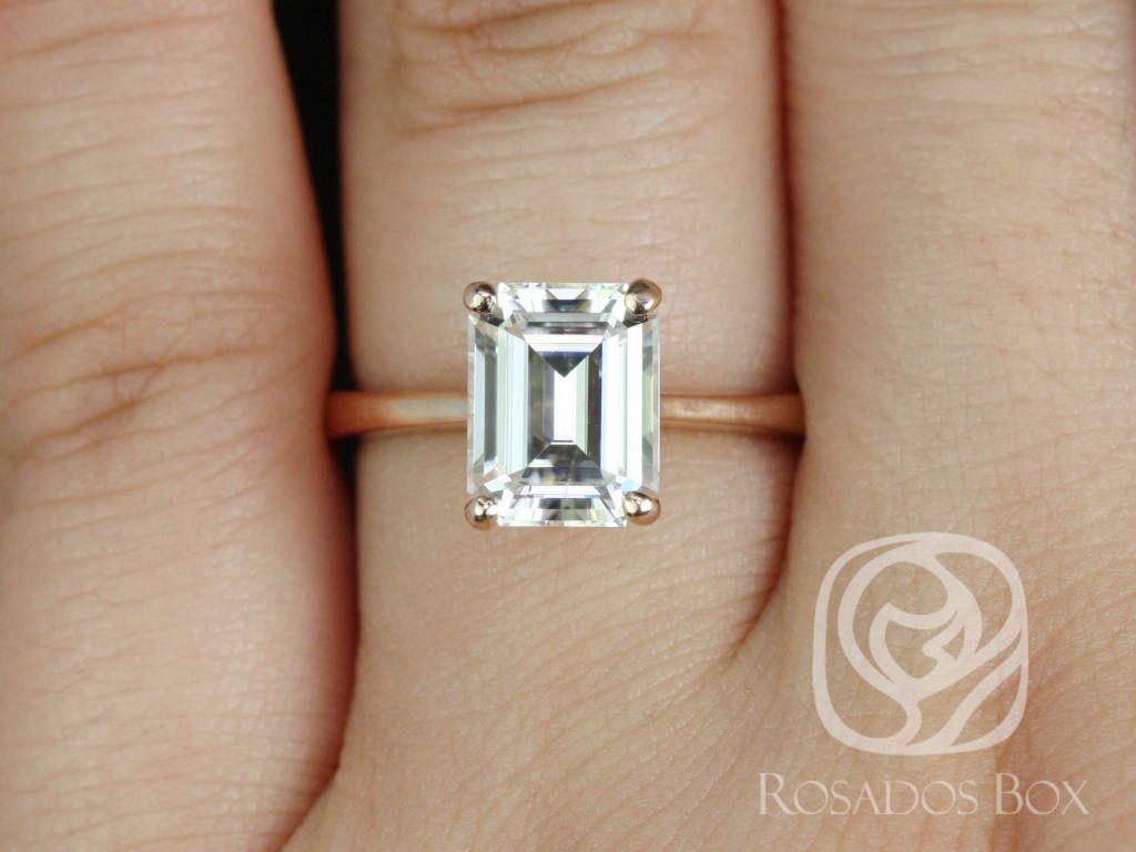 Rosados Box Skinny Norma 9x7mm 14kt Rose Gold Emerald Moissanite Tulip Cathedral Solitaire Engagement Ring
