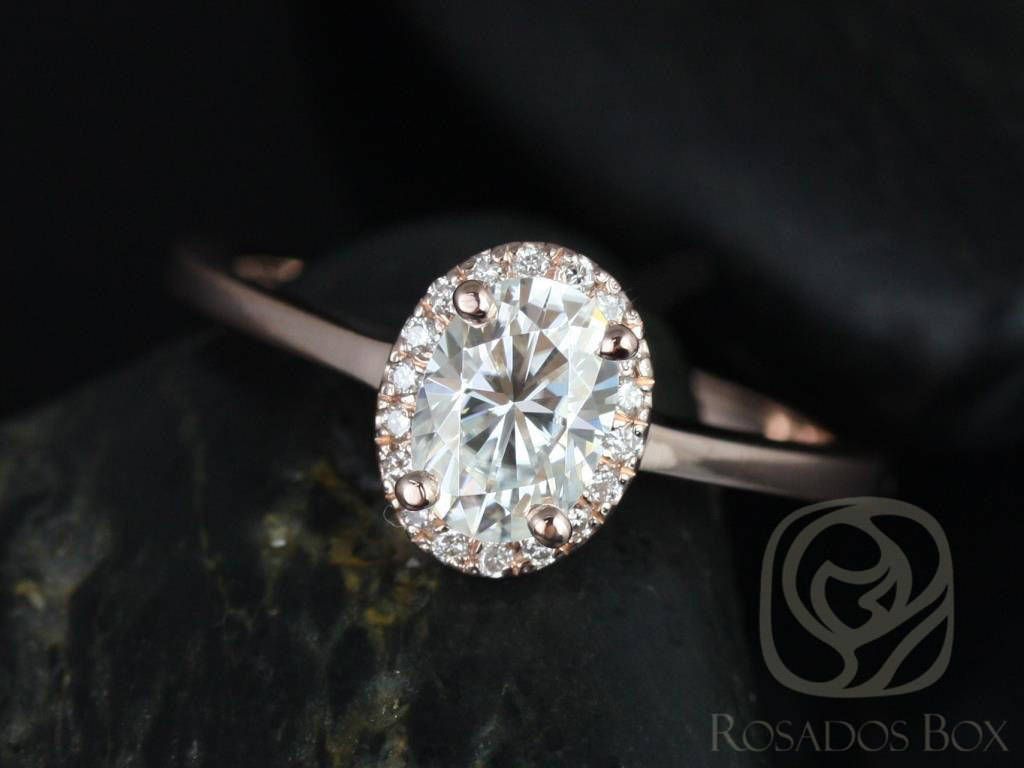 Rosados Box Ready to Ship Celeste 7x5mm 14kt Rose Gold Oval Moissanite and Diamonds Pave Halo Engagement Ring