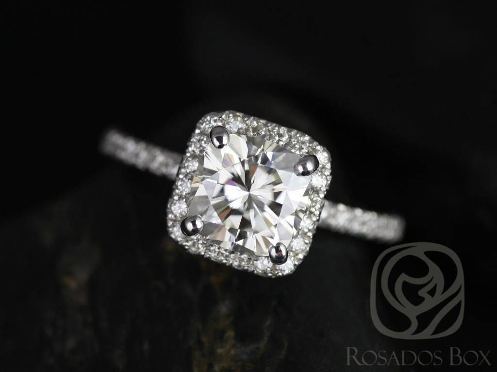 SALE Rosados Box Ready to Ship Pernella 7mm 14kt White Gold Cushion FB Moissanite and Diamonds Halo Engagement Ring