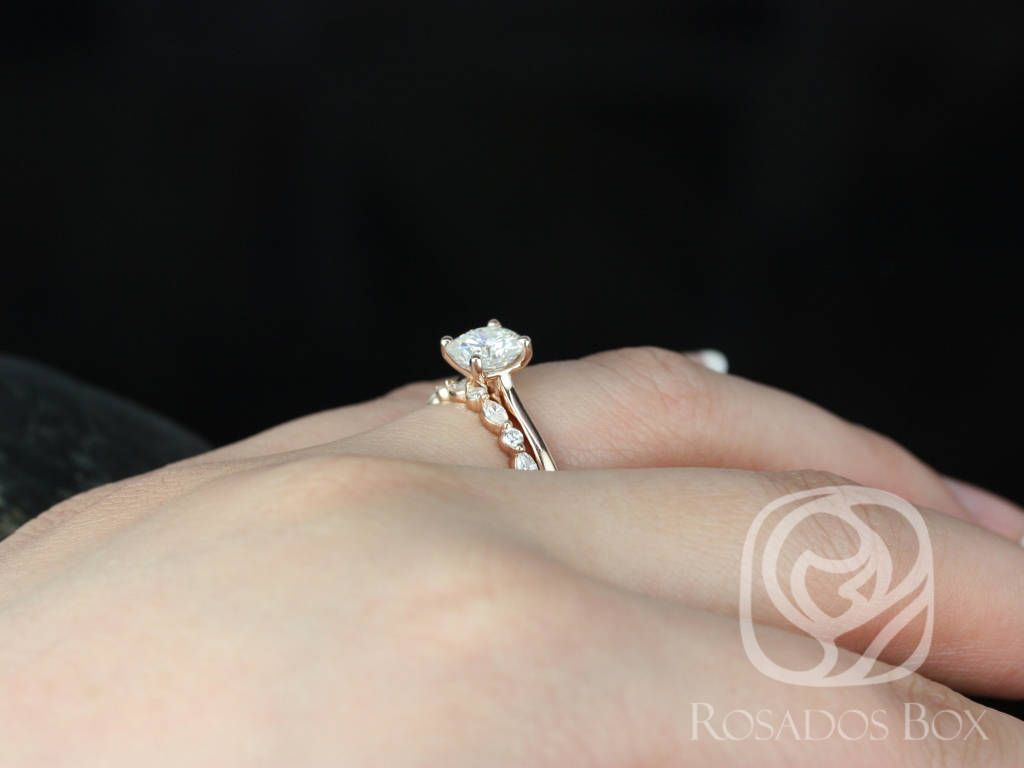 Rosados Box Skinny Florence 6.5mm & Cher 14kt Rose Gold Cushion Moissanite and Diamonds Tulip Cathedral Solitaire Wedding Set