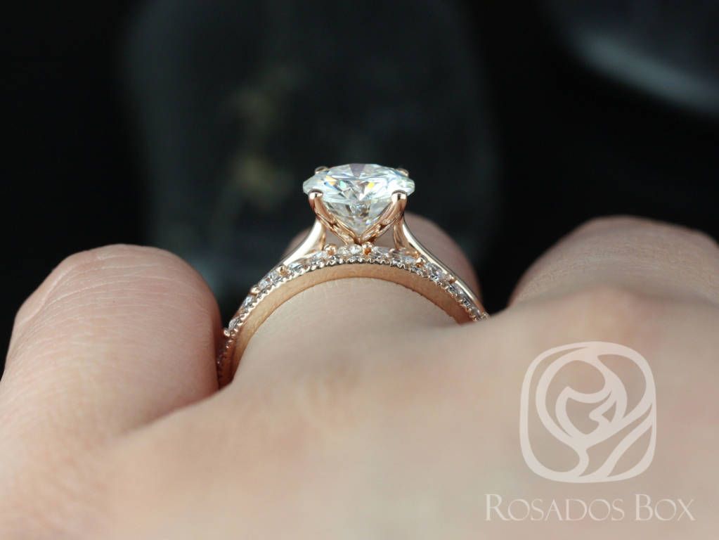 Rosados Box Skinny Flora 8mm, Cher, & Tabitha 14kt Rose Gold Round Moissanite and Diamond Tulip Cathedral Solitaire TRIO Wedding Set