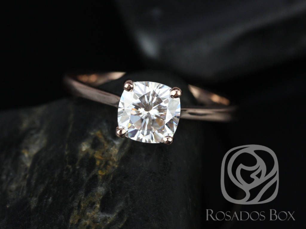 Rosados Box DIAMOND FREE Skinny Florence 6.5mm 14kt Rose Gold Cushion F1- Moissanite Tulip Cathedral Solitaire Engagement Ring
