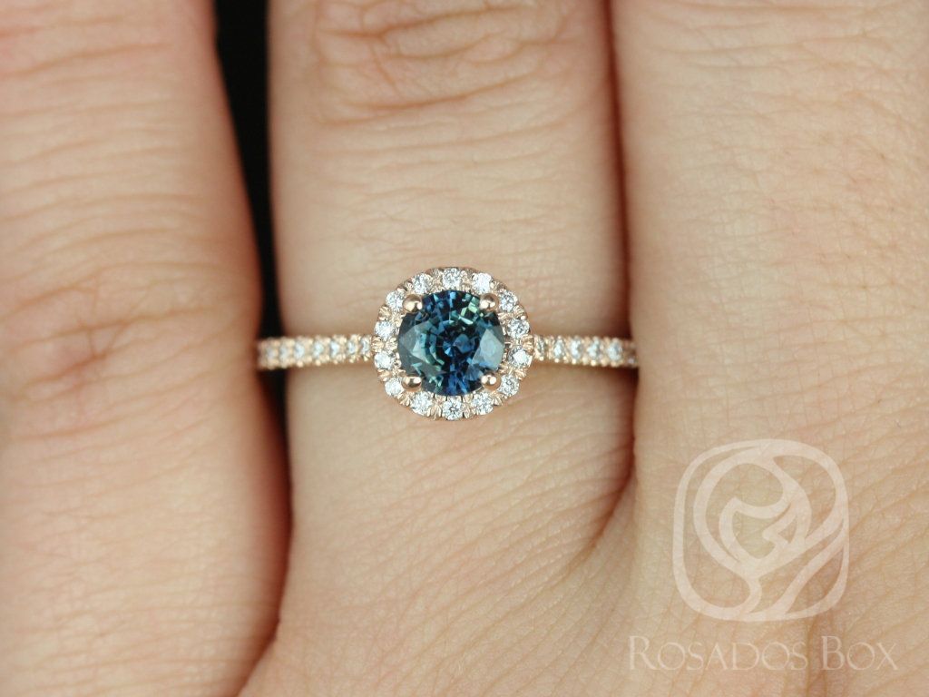 Rosados Box Ready to Ship Kubian 0.67cts 14kt Rose Gold Round Teal Sapphire and Diamonds Round Halo Engagement Ring