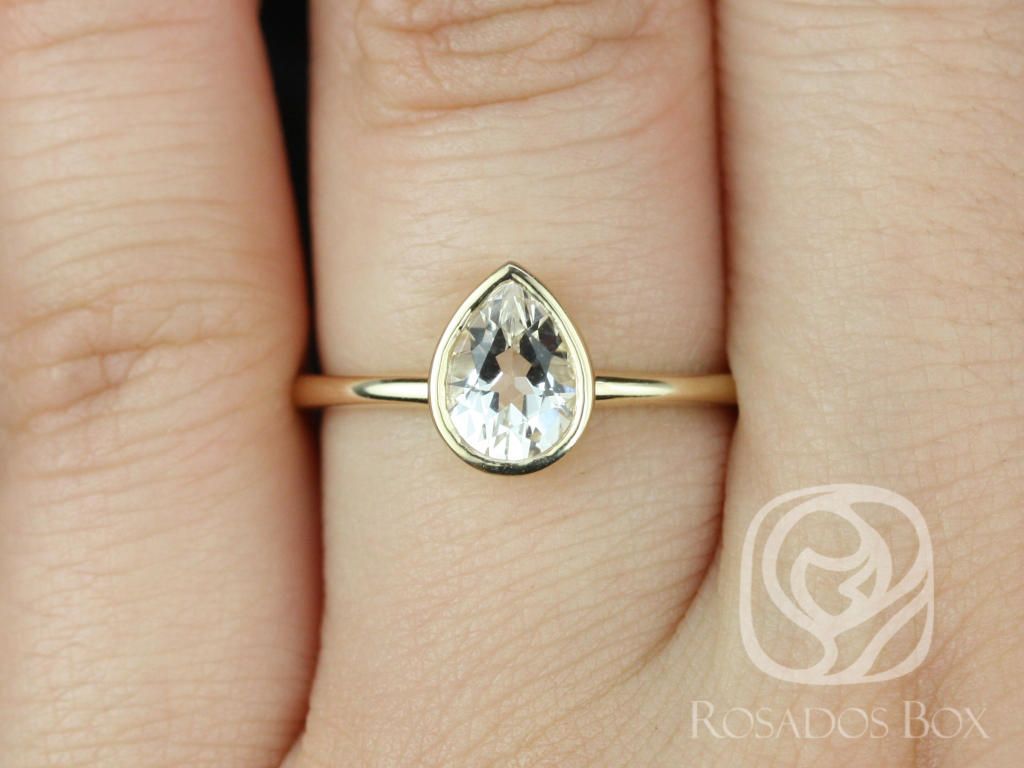 Isla 7x5mm 14kt White Sapphire Bezel Set Pear Solitaire Ring by Rosados Box